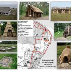 Rekonstrukcje dawnej osady łowców fok: chaty, palenisko, piec garncarski, platforma widokowa i mapa terenu.