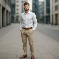 Elegancki mężczyzna w białej koszuli i jasnych spodniach, idealny przykład, jaka koszula do jasnych spodni pasuje.