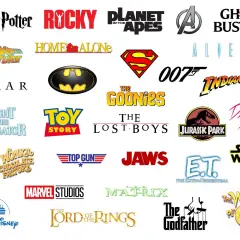 A collage of famous movie logos, including Harry Potter, Rocky, Star Wars, and The Godfather.