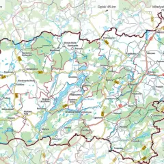 Mapa Szwajcarii Kaszubskiej z zaznaczonymi jeziorami, lasami i miejscowościami jak Kartuzy, Sierakowice, Chmielno. Atrakcje turystyczne regionu.