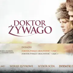 Plakat filmu Doktor Żywago z Omarem Sharifem i Julią Christie. Widoczna jest też scena z konnymi podróżnikami.