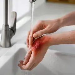 Main sous un jet d'eau froide, montrant une brulure superficielle rouge et irritée sur le dos de la main.