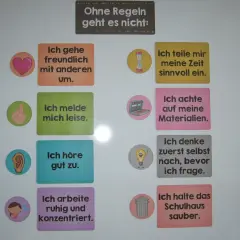 Regeln in der Schule: Freundlich sein, leise melden, gut zuhören, konzentriert arbeiten, Zeit sinnvoll nutzen, Materialien achten, selbst nachdenken, Schulhaus sauber halten.