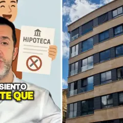 Hombre muestra un documento de hipoteca tachado, mientras un edificio moderno se alza. Pago hipoteca pero no soy propietario.