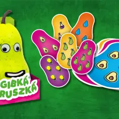 Wesoła gruszka zaprasza do gry "Gąbka Gruszka". Kolorowe karty z owocami i żarówkami tworzą zagadkę o gruszce.