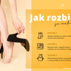 Kobieta zdejmuje czarny, elegancki but, by pokazać, jak rozbić za małe buty. Porady obejmują wymianę wkładek, suszarkę i parę.