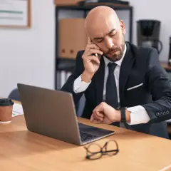 Zmęczony biznesmen sprawdza zegarek, kończy się jego czas pracy.