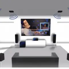 Ilustracja kina domowego 5.1 z głośnikami rozmieszczonymi wokół telewizora i na suficie.