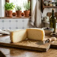 Formaggio fresco su tagliere, con pane, olive e bottiglia d'olio. Un'immagine che evoca chi fa il formaggio con passione.