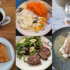 Frukost med kaffe, ägg, keso och rivna morötter. Lunch med biff och sallad. Middag med fisk. En hälsosam måltid enligt rikshospitalets diet.