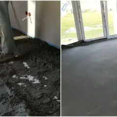 Prace budowlane: wylewanie chudego betonu na podłogę, a następnie gotowa, gładka posadzka.