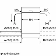Schemat zmywarki Bosch z wymiarami i podłączeniami, pomocny przy montażu zgodnie z instrukcją.