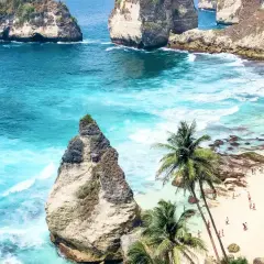 Rajska plaża z palmami i turkusową wodą. Marzysz o podróży? Sprawdź, ile trwa lot na Bali!