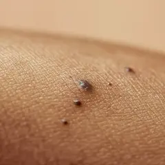 Zbliżenie na skórę z kilkoma znamionami, w tym jedno większe, które może sugerować czerniak skóry.