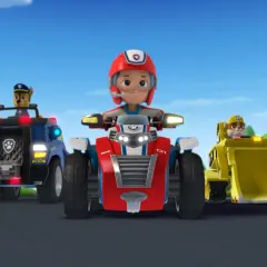 Psi Patrol: Chase, Ryder i Marshall w swoich pojazdach gotowi do akcji. Znajomość psi patrol imiona pomaga w identyfikacji bohaterów.