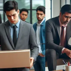 Un hombre con expresión triste carga una caja, como si soñar que te despiden del trabajo fuera real. Otros compañeros lo observan.
