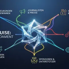 Das Diagramm zeigt, wie Akquise die Basis für Neukundengewinnung, Journalistenkontakte, Investoren, Partner, Mitarbeiter und Sponsoren bildet.
