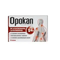 Opakowanie leku Opokan, który zawiera meloksykam, łagodzi bóle kostno-stawowe i mięśniowe. Troskam o Twoje stawy.