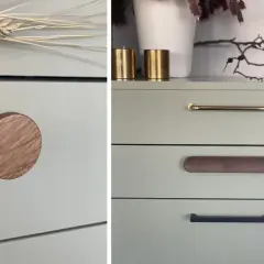 Detaljer från en målad byrå med olika handtag: ett runt träknopp, ett mässingshandtag och ett avlångt trähandtag.