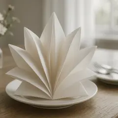 Un élégant modèle de pliage de serviette en papier, en forme d'étoile, sur une assiette blanche. Une touche de raffinement pour votre table.