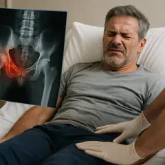 Pacjent z bólem biodra, lekarz pokazuje RTG miednicy z zaznaczonym złamaniem Malgaigne.