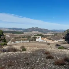 Paisaje de la sierra maria con una iglesia blanca y un campanario, rodeada de vegetación y montañas al fondo.