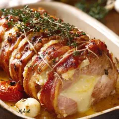 Un rôti Orloff, enveloppé de lard, garni de fromage fondant et d'herbes, mijote dans un plat avec de l'ail et une tomate rôtie.