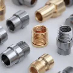 Różnorodne metalowe złączki hydrauliczne, niektóre skręcane, inne zaciskane, w kolorze złotym i srebrnym.