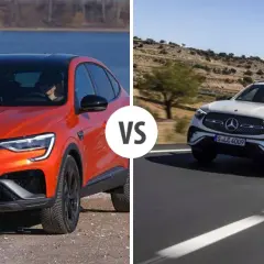 Renault Arkana naranja vs. Mercedes-Benz GLC blanco en carretera. ¿Cuál tiene mejor motor Mercedes?