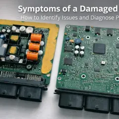 Deux calculateurs automobiles, l'un avec des condensateurs orange, l'autre plus complexe. Identifier les symptômes d'une panne calculateur moteur est crucial.