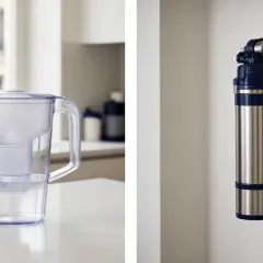 Carafe d'eau filtrée et système de filtration mural. Attention à l'eau filtrée : danger si mal entretenu.