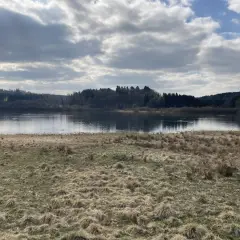 Ein ruhiger Blick auf den Krombachtalsperre Rundweg mit bewaldeten Ufern und einem Himmel voller Wolken.