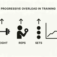 Grafik zeigt progressive Überlastung: Gewicht, Wiederholungen und Sätze steigen an, was zu Fortschritt führt. Perfekt für den **Leg Day**!