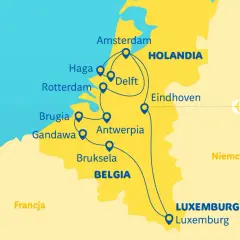 Mapa pokazuje trasę podróży przez Holandię, Belgię i Luksemburg. Luksemburg to państwo, które z państw Beneluksu nie ma dostępu do morza.