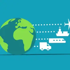Globus i symbole transportu: samolot, statek, pociąg i ciężarówka. Ilustracja globalnego łańcucha dostaw.