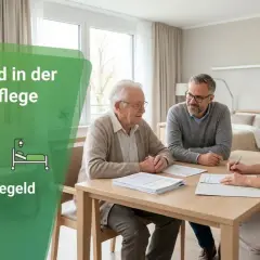 Ein älterer Mann und ein jüngerer Mann sitzen an einem Tisch, während eine Pflegekraft ihnen etwas erklärt. Die Grafik zeigt, wie man das Pflegegeld in der Kurzzeitpflege auszahlen lassen kann.