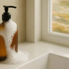 Brązowa butelka z dozownikiem i obfitą pianą, dzięki której sodium c14-16 olefin sulfonate skutecznie czyści.