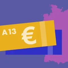 Geldschein mit "A13" und Euro-Symbol vor Deutschlandkarte. Symbolisiert die Besoldung Lehrer.