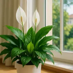 Une plante d'intérieur avec deux élégantes fleurs blanches, comme une fleur de lune, se dresse près d'une fenêtre lumineuse.