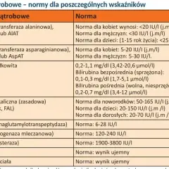 Tabela z normami badań wątrobowych: ALT, AST, bilirubina, GGTP, LDH, ChE, HBs, HCV. To badanie ocenia funkcje wątroby.