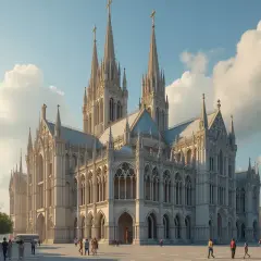 Majestatyczna katedra w stylu historyzm, z licznymi wieżyczkami i łukami, na tle błękitnego nieba z chmurami.