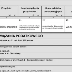 Formularz podatkowy zawiera sekcję "Dochód / Strata", gdzie oblicza się podatek od sprzedaży nieruchomości, uwzględniając przychód, koszty i odpisy.