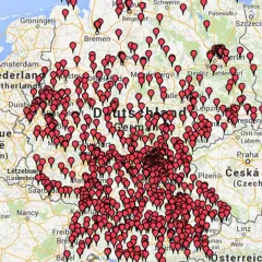Karte von Deutschland mit vielen roten Markierungen, die auf die "top 10 bier deutschland" hinweisen könnten.