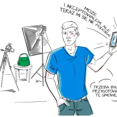 Mężczyzna w studiu fotograficznym trzyma telefon i żałuje, że nie przygotował wzoru umowy z modelką.