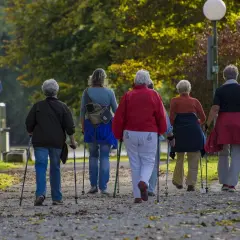 Grupa osób starszych na spacerze z kijkami, wspierająca rehabilitację po bajpasach.