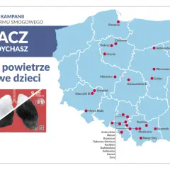 Mapa Polski z zaznaczonymi miastami, gdzie jest smog. Kampania "Polski Alarm Smogowy" pokazuje, gdzie oddychamy zanieczyszczonym powietrzem.