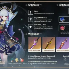 Ayaka Genshin z poradnikiem buildów: artefakty, zestawy, bronie i statystyki.