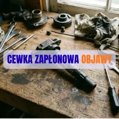 Warsztat samochodowy z narzędziami i częściami. Widoczna cewka zapłonowa, klucze, śrubokręty i szmaty.