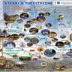 Mapa turystyczna Pienin: atrakcje Szczawnicy, szlaki, wyciągi, punkty widokowe, rezerwaty.