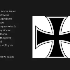 Czarny krzyż na białym tle, obok lista dat i wydarzeń historycznych.